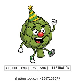 Cheerful Cartoon Artichoke Character with Party Hat Waving - Fun and Festive Vector Illustration