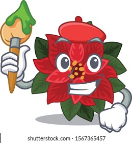 Cheerful cartoon Artist of flower Poinsettia with brush in his hand