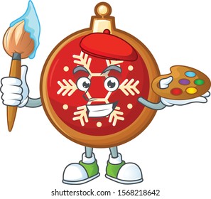 Cheerful cartoon artist of red christmas ball with brush in his hand.