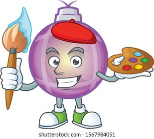 Cheerful cartoon artist of yellow christmas ball with brush in his hand
