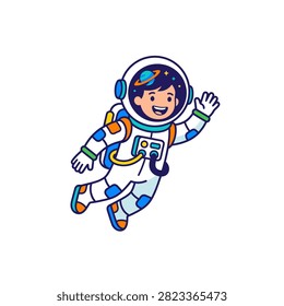 A cheerful cartoon astronaut floats in outer space, waving hello. The astronaut wears a detailed suit with helmet, and planets and stars are visible.