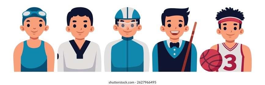 Cheerful cartoon avatars of various athletes. Representing diverse sports and activities, perfect for team branding or playful designs.