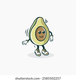 A cheerful cartoon avocado character is shown dancing happily with a bright smile.