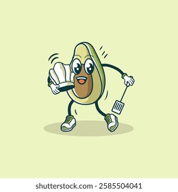 A cheerful cartoon avocado dressed as a chef holds a chef's hat and spatula ready to cook.