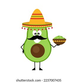 Alegre caricatura aguacate con sombrero y bigote. El personaje sostiene un tazón de guacamole en sus manos.