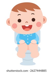 A cheerful cartoon baby boy in blue pajamas sitting on a toilet, smiling confidently. 