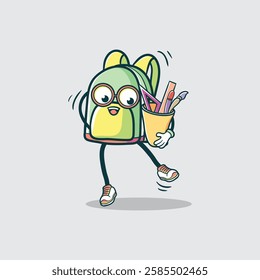 A cheerful cartoon backpack character with glasses joyfully carries a container of school supplies.