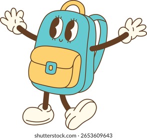 Cheerful cartoon backpack with smiling face, waving its arms. backpack is blue with yellow front pocket and has playful design, perfect for kids