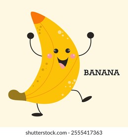 A cheerful cartoon banana with arms and legs, smiling happily. A bright and fun illustration perfect for children's books or designs.