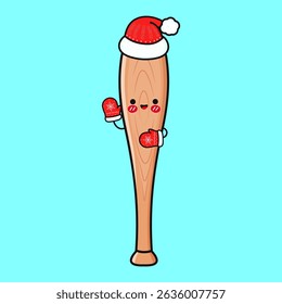 Cheerful cartoon Baseball Bat donning festive holiday hat, mittens, waving with seasonal spirit for winter graphic designs