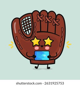 A cheerful cartoon Baseball Mitt with star eyes enjoys using a modern tablet device.