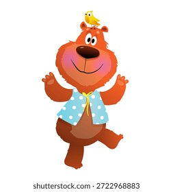 Fröhlicher Cartoon-Bär tanzt mit einem gelben Vogelfreund auf seinem Kopf. Lustig gekleidete Bär Tierfigur Illustration für Kinder Partei. Vektor Tierfigur Cartoon Clipart für Kinder.