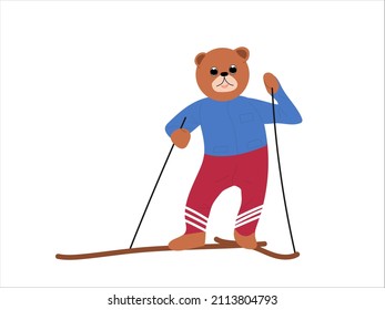Cheerful cartoon bear goes skiing. Winter children's fun, games, sports. Skier bear stands with ski poles and skis in colored clothes. Colored vector illustration on a white background.