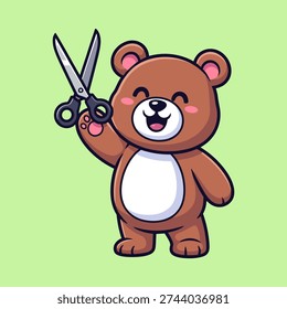 A cheerful cartoon bear holding scissors with a big smile on a bright green background, perfect for kids' projects, nursery decor, or creative designs