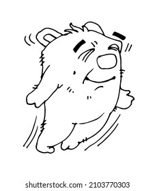 Cheerful cartoon bear wants to fly. Funny cute animal. Outline sketch. Hand drawing is isolated on a white background. Vector.