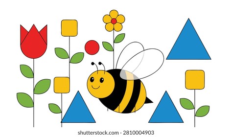 A cheerful cartoon bee flies among stylized flowers and geometric shapes, creating a simple and playful scene for children's learning.