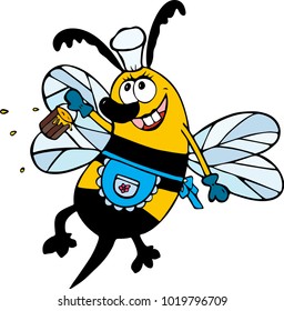cheerful cartoon bee with a full bucket of honey and is dressed in a blue apron, cute character, isolated on a white background