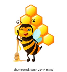 cheerful cartoon bee on the background of honeycombs. vector flat illustration