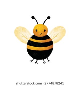 A cheerful cartoon bee with yellow head black striped abdomen translucent wings