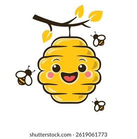 cheerful cartoon beehive with a smiling face and rosy cheeks