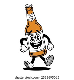 Cheerful Cartoon Beer Bottle Character Taking a Stroll Illustration