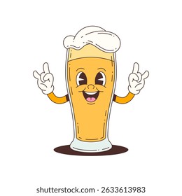 Cheerful cartoon beer mascot with white foam hat and raised hands, designed for food promotions, social media, or festive branding. Vector illustration