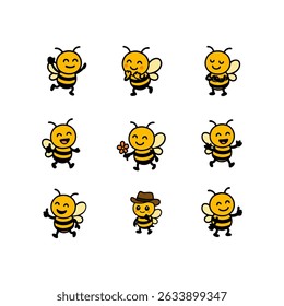 Cheerful cartoon bees with striped bodies in different poses are arranged on a light background. Ideal for children's books, educational material, or decorative designs.