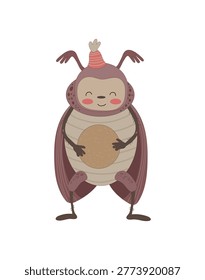 Cheerful cartoon beetle holding a round object. Vector illustration of a smiling insect with a hat.