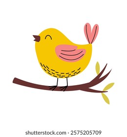 A cheerful cartoon bird happily perched on a branch, bringing joy to its surroundings. character design for spring, vector illustration in flat style on a white background