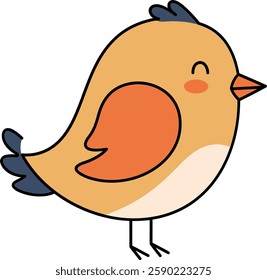 A cheerful cartoon bird with orange and blue feathers stands happily, exuding a playful and inviting atmosphere.