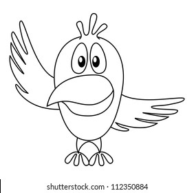 Cheerful cartoon bird with two wings, pointing on top and on right, contour. Vector