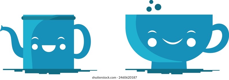 cheerful cartoon blue cups, tea and coffee