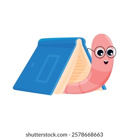 A cheerful cartoon bookworm with glasses peeks from behind an open book. The colorful character displays a playful demeanor, perfect for educational themes or children s literature.