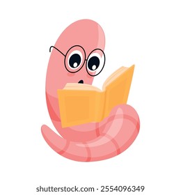 A cheerful cartoon bookworm with large glasses is delightfully engrossed in reading a yellow book. The character is pink and features a whimsical design, isolated against a plain white background