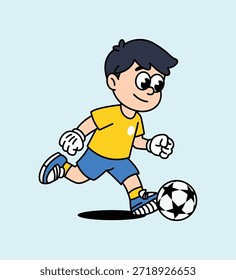 Um garoto animado jogando futebol ativamente, chutando uma bola com uma expressão determinada. Jogador de futebol de futebol personagem mascote retrô.
