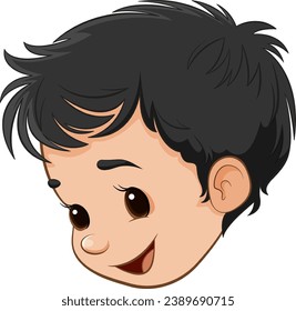 A cheerful cartoon boy with black hair, isolated on a white background