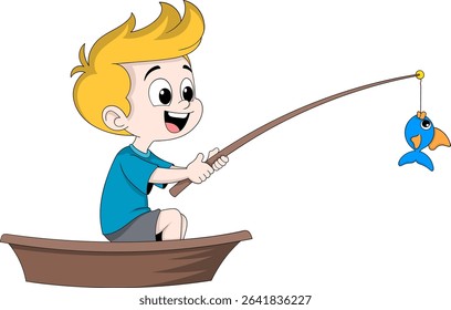 Cheerful cartoon boy with blond hair fishing from a wooden boat, catching a cute blue fish