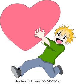 A cheerful cartoon boy with blonde hair wearing a green shirt and blue pants, happily holding a large pink heart