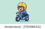 A cheerful cartoon boy in a blue jacket and dark pants rides a blue scooter, wearing a bright yellow helmet.