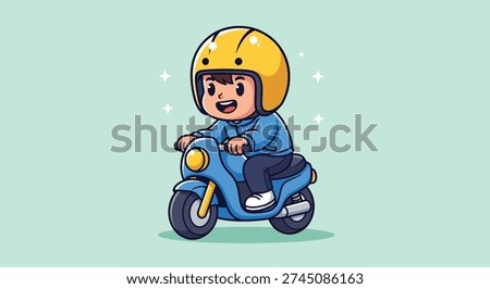 A cheerful cartoon boy in a blue jacket and dark pants rides a blue scooter, wearing a bright yellow helmet.