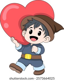 A cheerful cartoon boy dressed in a brown hat and blue outfit is holding a large red heart, smiling warmly.