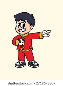 Un alegre niño de dibujos animados vestido con un traje chino tradicional rojo con adornos dorados, señalando a la derecha con una expresión segura. Chico chino Carácter de Año Nuevo Lunar.