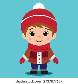 A cheerful cartoon boy dressed in red winter attire standing on a blue background