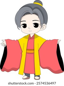 A cheerful cartoon boy dressed in traditional Chinese noble attire with a yellow and pink robe, perfect for representing cultural elegance