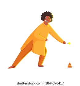 Cheerful Cartoon Boy Enjoying With Firecrackers On White Background.