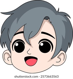 A cheerful cartoon boy face featuring gray hair, large expressive eyes, and a wide smile