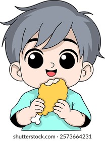 A cheerful cartoon boy with gray hair is happily eating a large, crispy chicken drumstick, showcasing a joyful and appetizing expression.