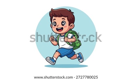 A cheerful cartoon boy with a green backpack running, symbolizing the excitement of returning to school.