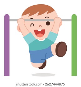 Cheerful cartoon boy hanging and playing on monkey bars with a happy expression. Perfect for children's activity illustrations, playground scenes, or educational materials about physical play.