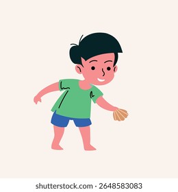 A cheerful cartoon boy holding seashell. Flat vector illustration of a child playing on the beach. Minimalist and colorful character design for educational materials, summer themes, or kids' content.
